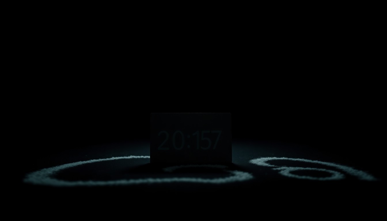 An extreme close-up photograph of a police evidence marker, such as a numbered placard or chalk outline, lit by a harsh, direct camera flash against a pitch-black background, conceptually illustrating the investigation into a tragic crime.