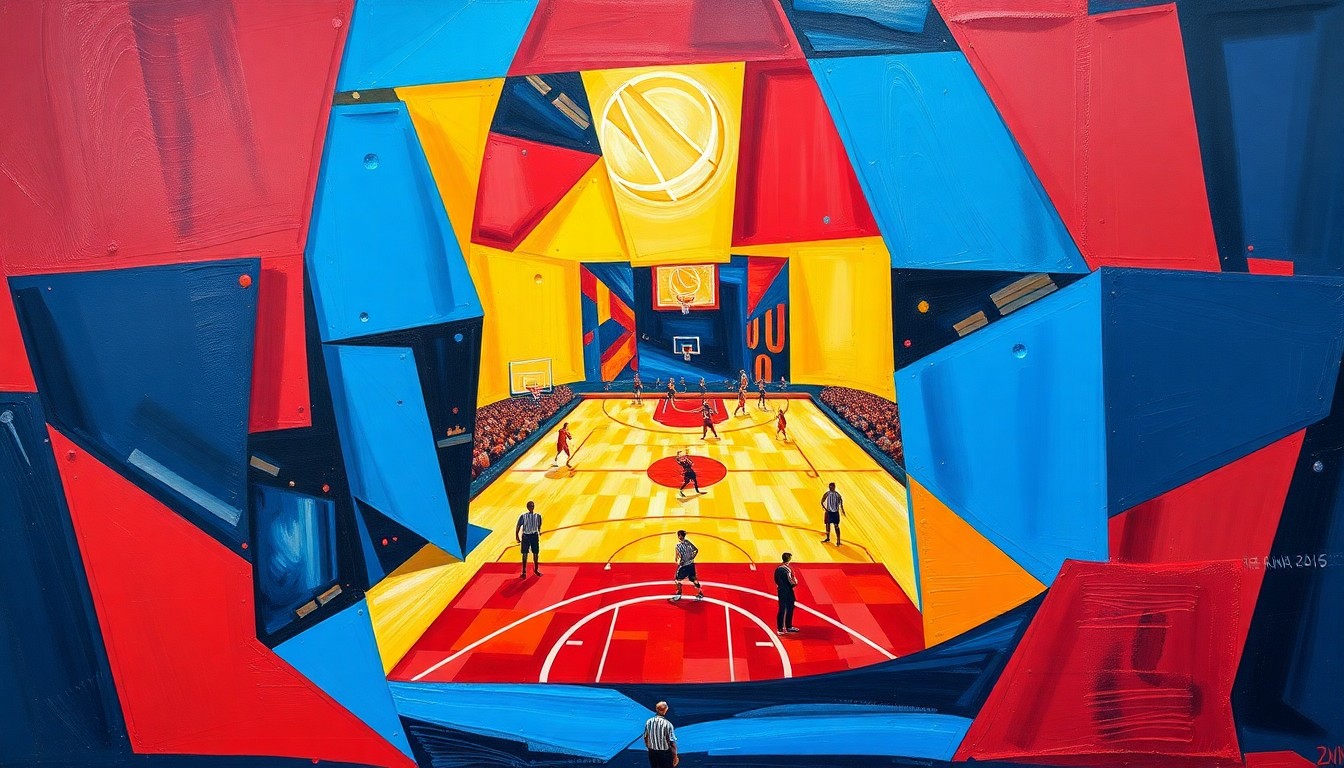 A cubist, geometric painting depicting fragmented, overlapping shapes and planes of color that represent the dynamic action and energy of a basketball game or match.