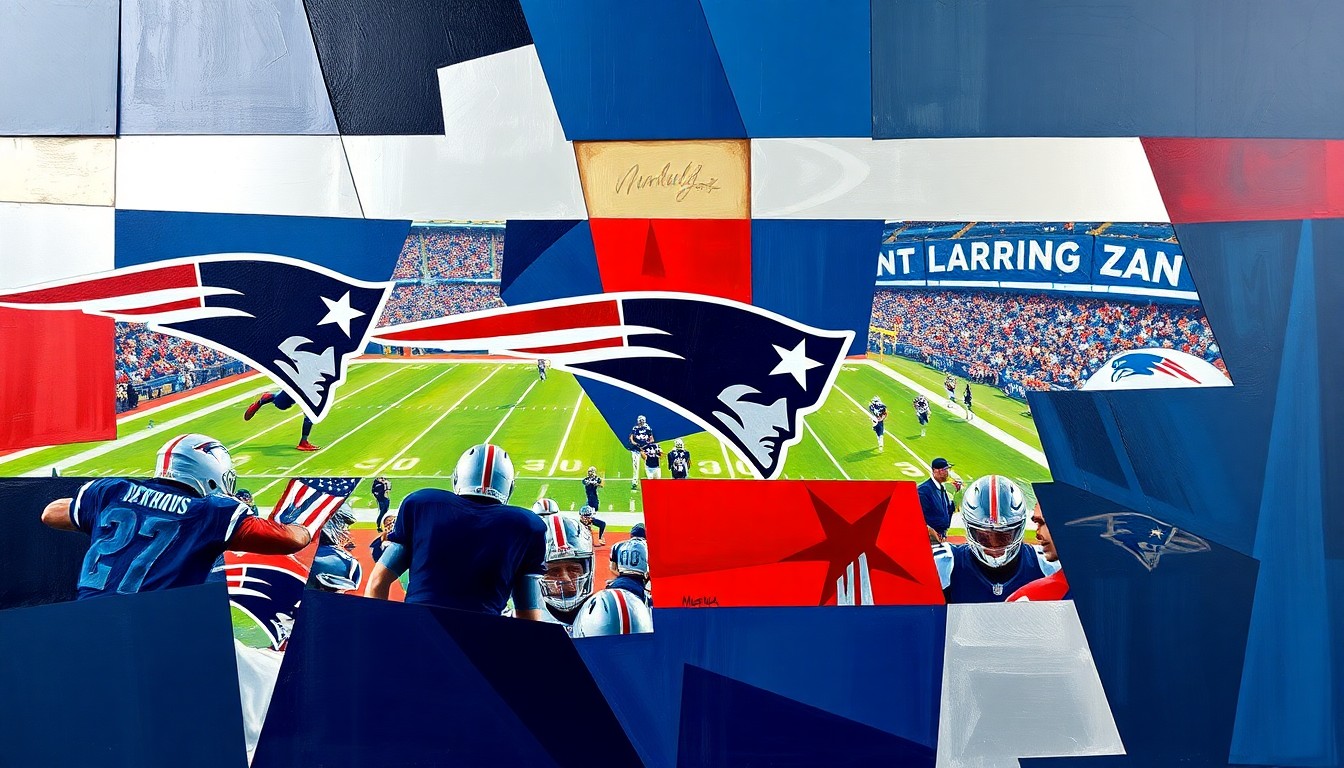 A cubist, geometric painting depicting a fractured, multi-perspective view of a Patriots football game, with sharp planes of navy blue, red, and silver colors conceptually representing the team's intensity and strategic complexity.
