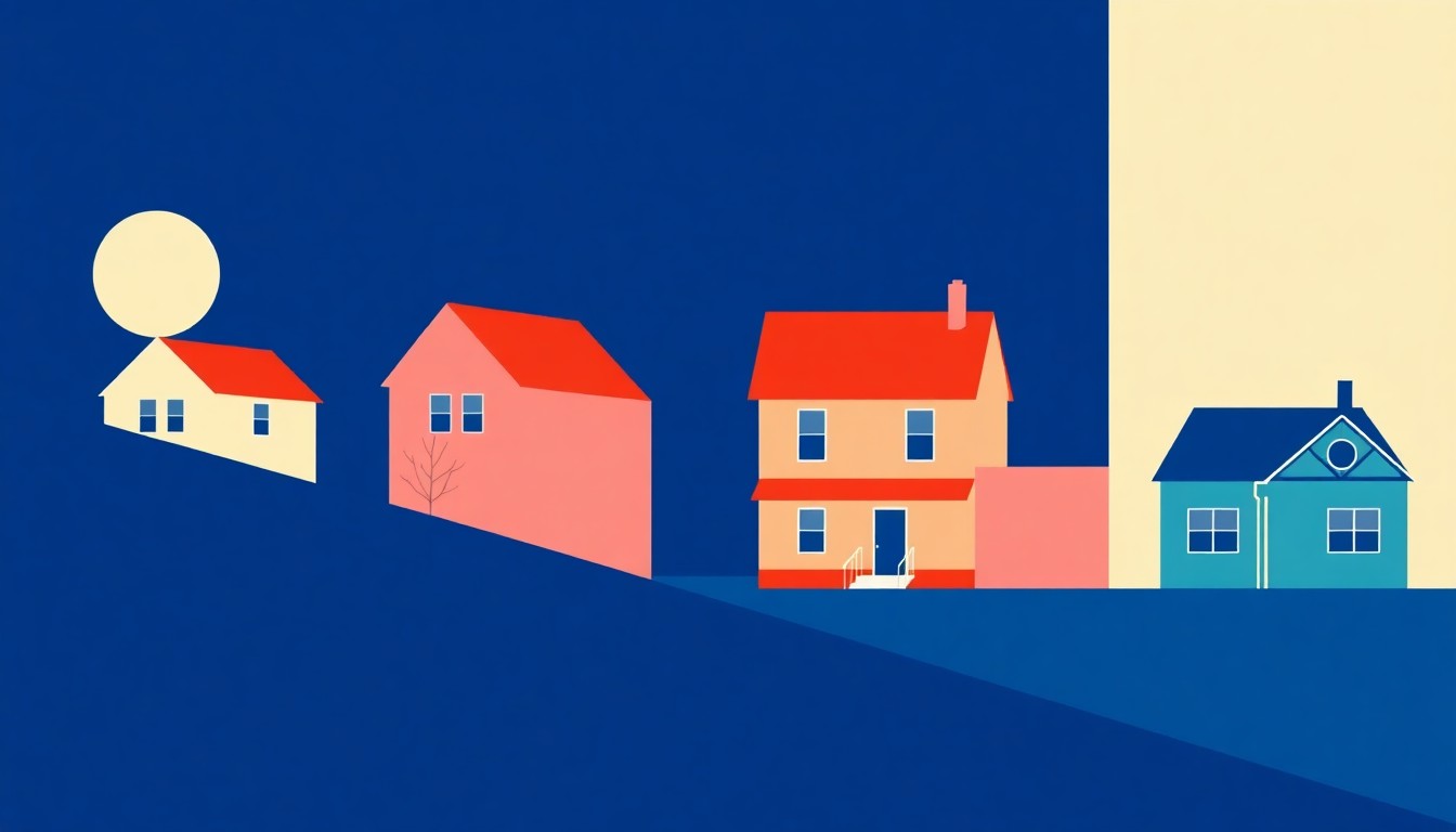 A vibrant, abstract illustration featuring overlapping triangles and rectangles in shades of blue, red, and yellow, conceptually representing the escalating property tax burden in Cook County.