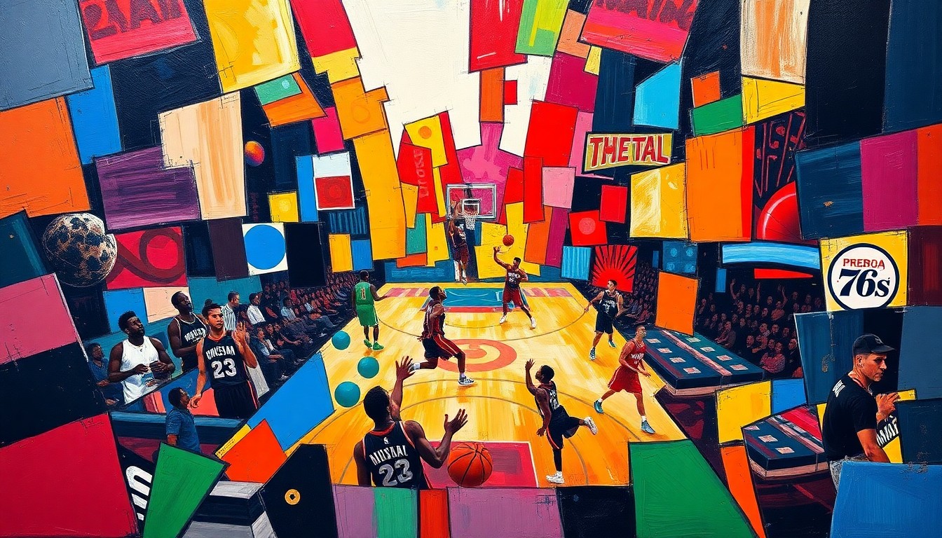 A cubist, geometric painting depicting the chaotic final moments of a close basketball game, with overlapping planes of color representing the players and action on the court.