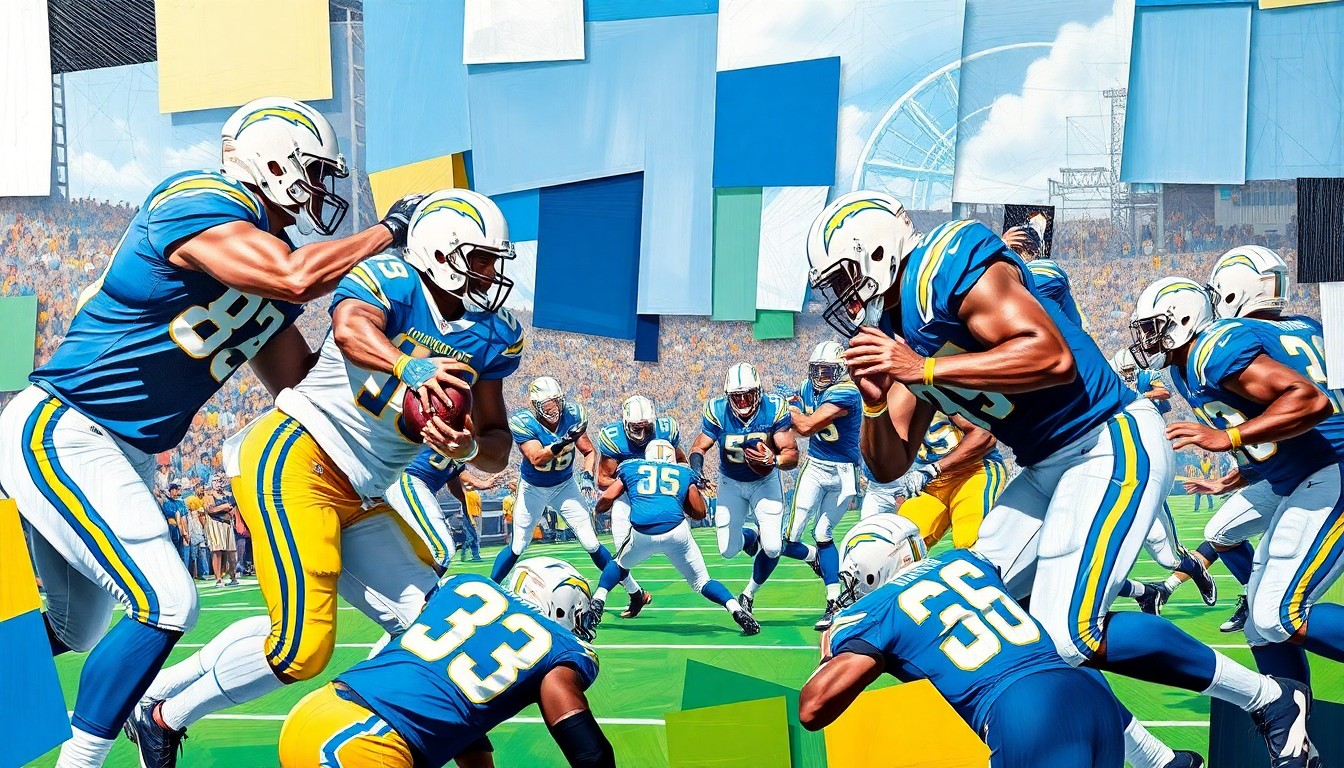 A fragmented, geometric painting in bold blues, golds, and greys depicting the action of a football game, representing the Chargers' uneven draft haul in this 7-round simulation.