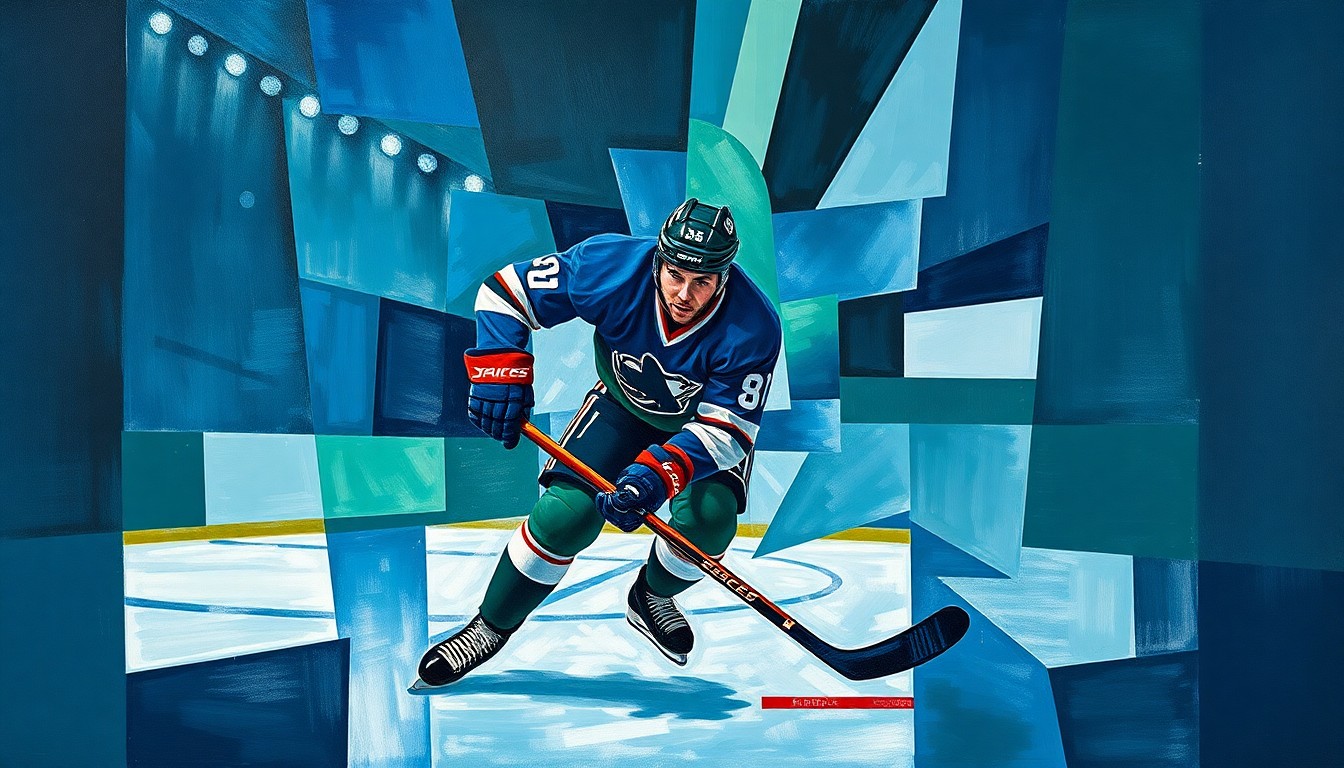 A fragmented, geometric painting depicting a hockey player in the penalty box, the scene broken down into sharp, overlapping planes of color, conceptually representing the OHL's crackdown on attempts to obstruct cameras in the box.