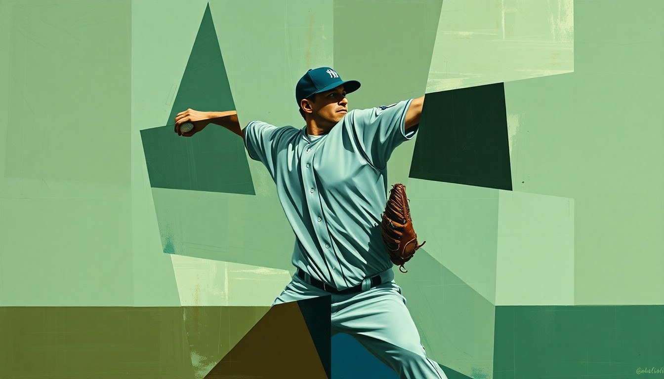 A fragmented, multi-angled painting depicting a baseball pitcher's windup and delivery broken down into sharp, overlapping geometric shapes in earthy tones, conveying the dynamic motion of the sport through a cubist artistic lens.