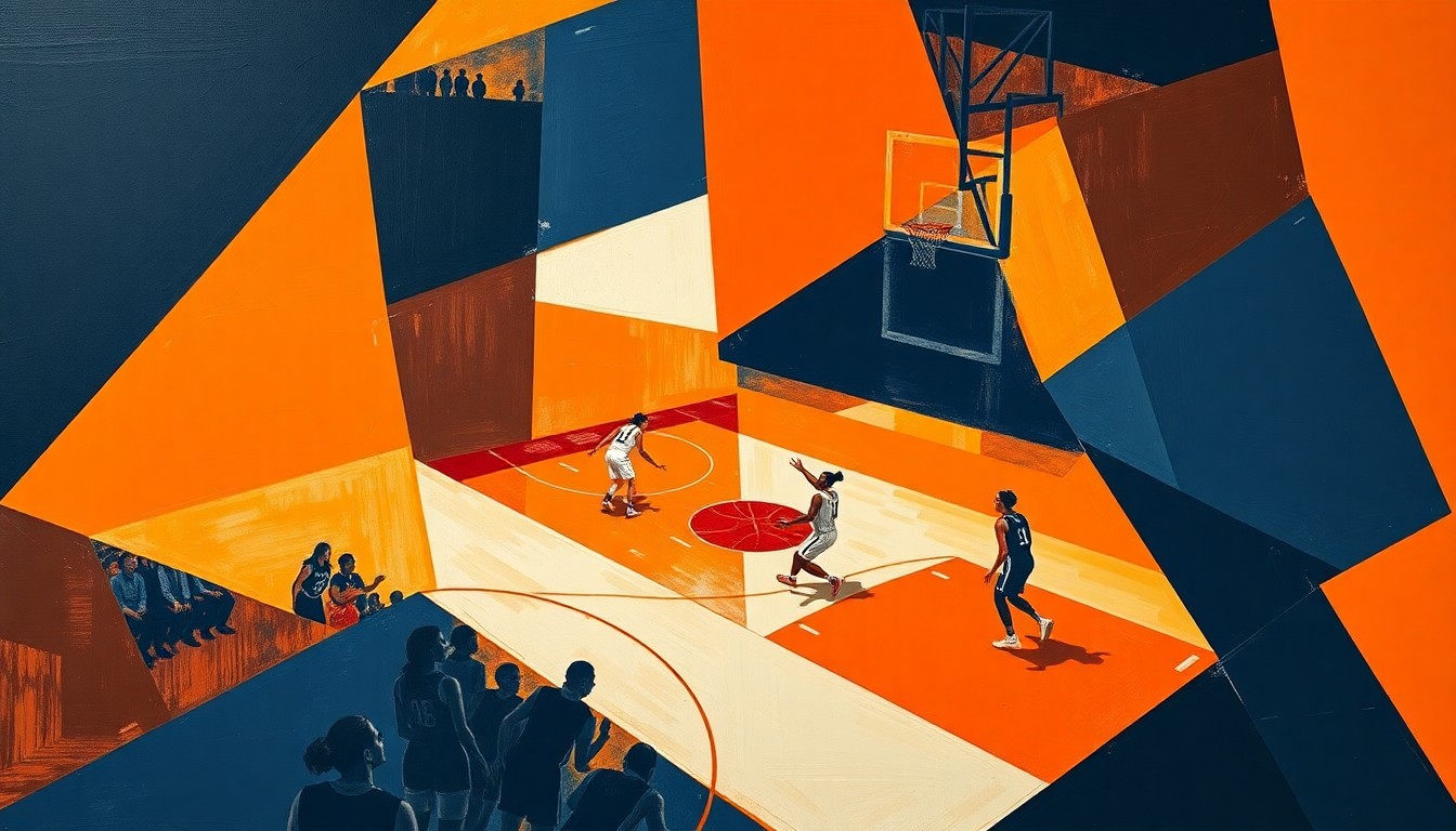 A cubist, geometric painting depicting overlapping planes of basketball players in motion, with vibrant colors of orange, blue, and white.