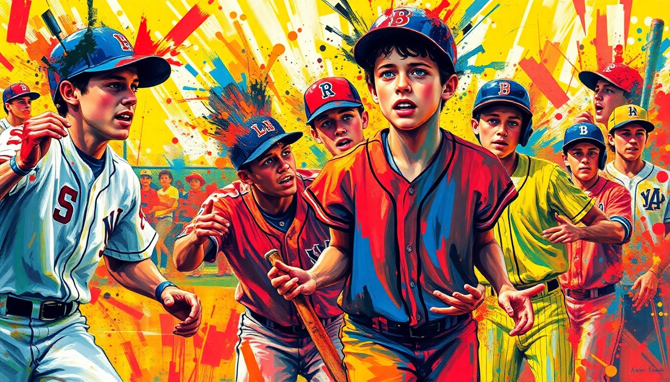 An abstract expressionist painting in neon colors, with rapid brushstrokes capturing the dynamic movement and energy of a high school baseball game, players' faces and uniforms blending into a vibrant, colorful composition.