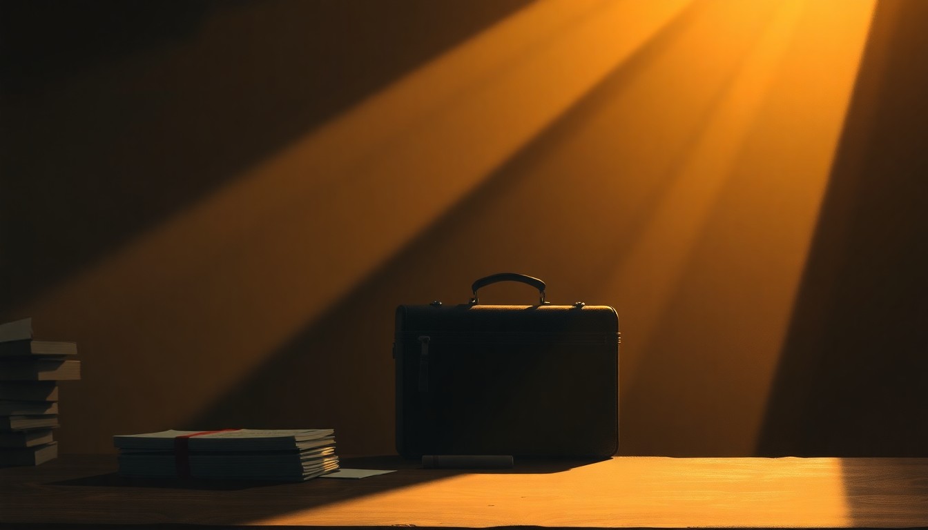 A detailed, photorealistic painting of a solitary briefcase or legal document sitting on a wooden desk, with warm, golden light streaming in through a window and casting deep shadows across the scene, creating a contemplative, cinematic mood.