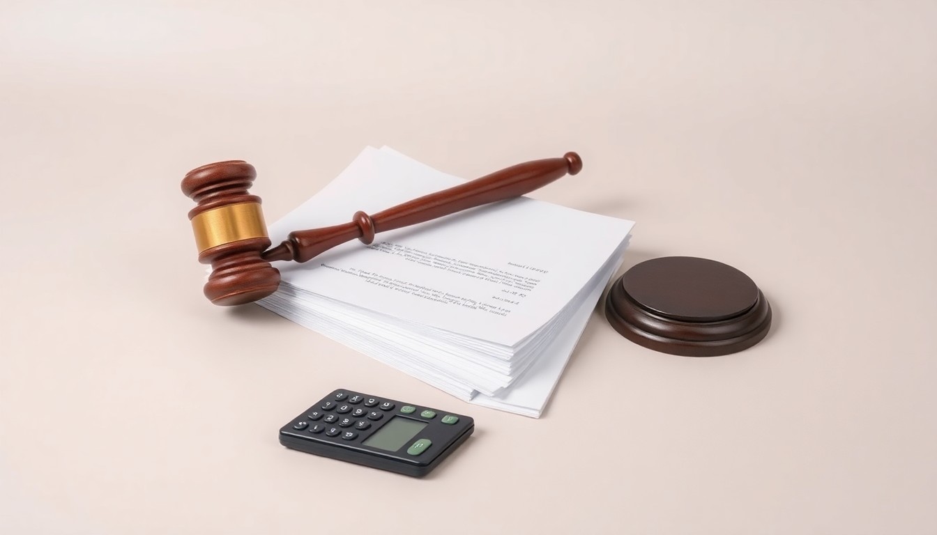 A photorealistic studio still life featuring a stack of legal documents, a gavel, and a calculator on a clean, monochromatic background, symbolizing the abstract concepts of corporate strategy, finance, and legal risk.