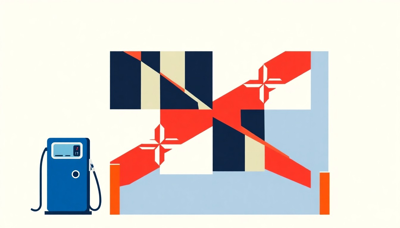 A geometric abstract illustration using bold shapes and primary colors to conceptually represent the rising cost of gasoline in Maryland.