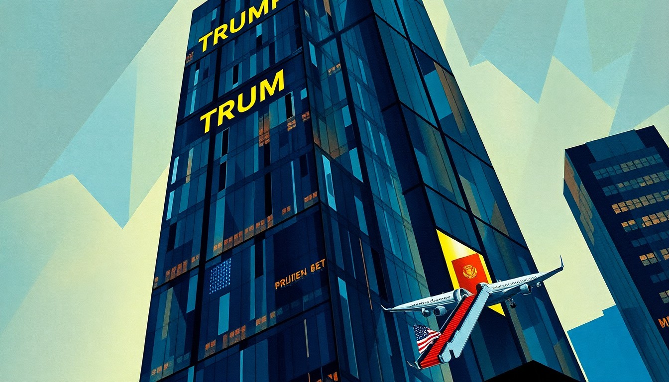 A fractured, overlapping geometric painting of a soaring glass skyscraper with the 'Trump' name illuminated at the top, an American flag halfway up the building, and a golden escalator and Air Force One at the entrance, conveying a sense of motion, power, and political drama.