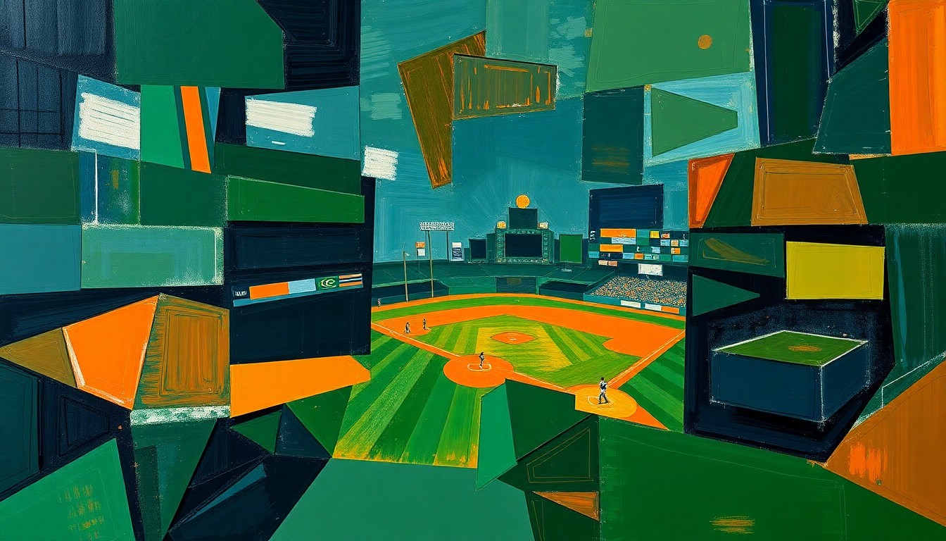 A fractured, multi-perspective painting breaking down a baseball game or match into sharp, overlapping geometric planes in a palette of deep navy, forest green, and burnt orange, conceptually representing the Phillies' disjointed offensive production.