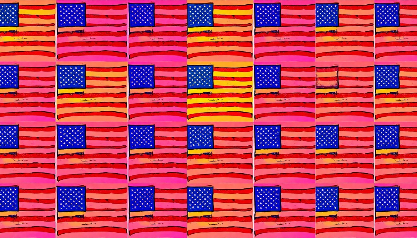 A grid of brightly colored, high-contrast silkscreen prints depicting a kindergarten student's hand-drawn American flag, conceptually representing the patriotic activities and student-created tributes that are the centerpiece of the school's annual Veterans Day celebration.
