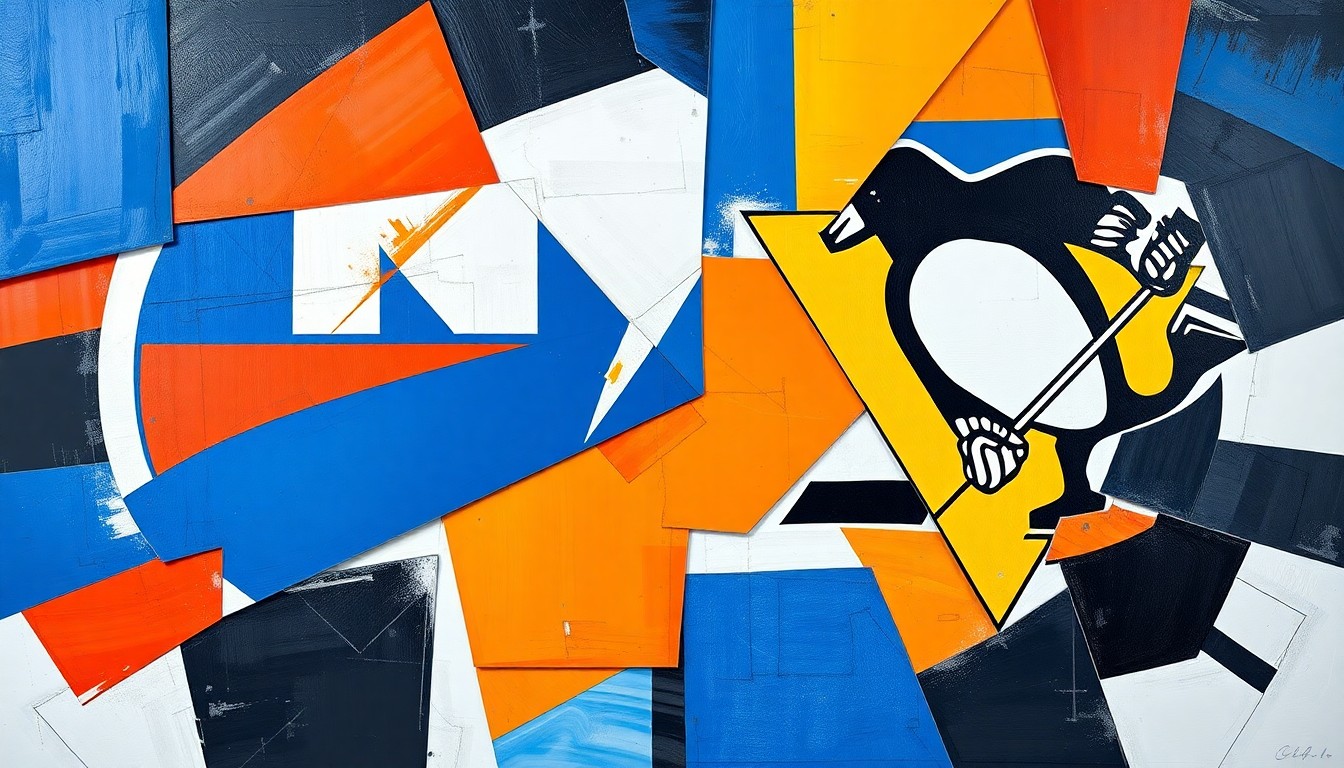 A fractured, cubist-style painting depicting a hockey game, with sharp geometric shapes in the Islanders' blue and orange colors and the Penguins' black and gold, conveying the chaotic nature of the Islanders' defensive breakdown.