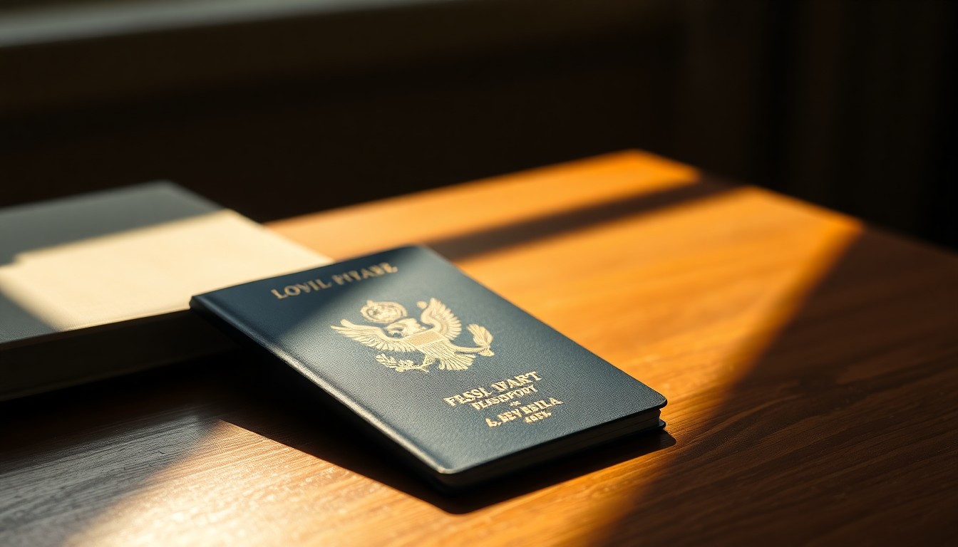 A close-up view of a diplomatic passport resting on a wooden desk, the pages and cover casting long shadows in the warm, golden light, conveying a sense of quiet contemplation around the ambiguity between official status and commercial mythology.