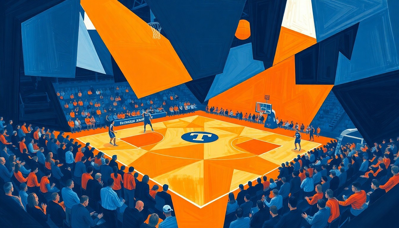 A fractured, geometric painting in vibrant blue, orange, and white tones, capturing the dynamic energy of a basketball game or match through Cubist-inspired overlapping shapes and planes.