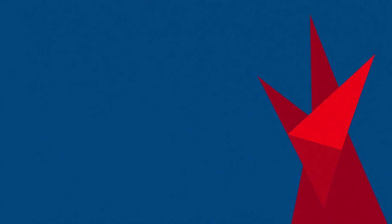 An abstract, minimalist illustration featuring bold, angular shapes in shades of blue and red, conceptually representing the Delta Air Lines brand and the Atlanta skyline.