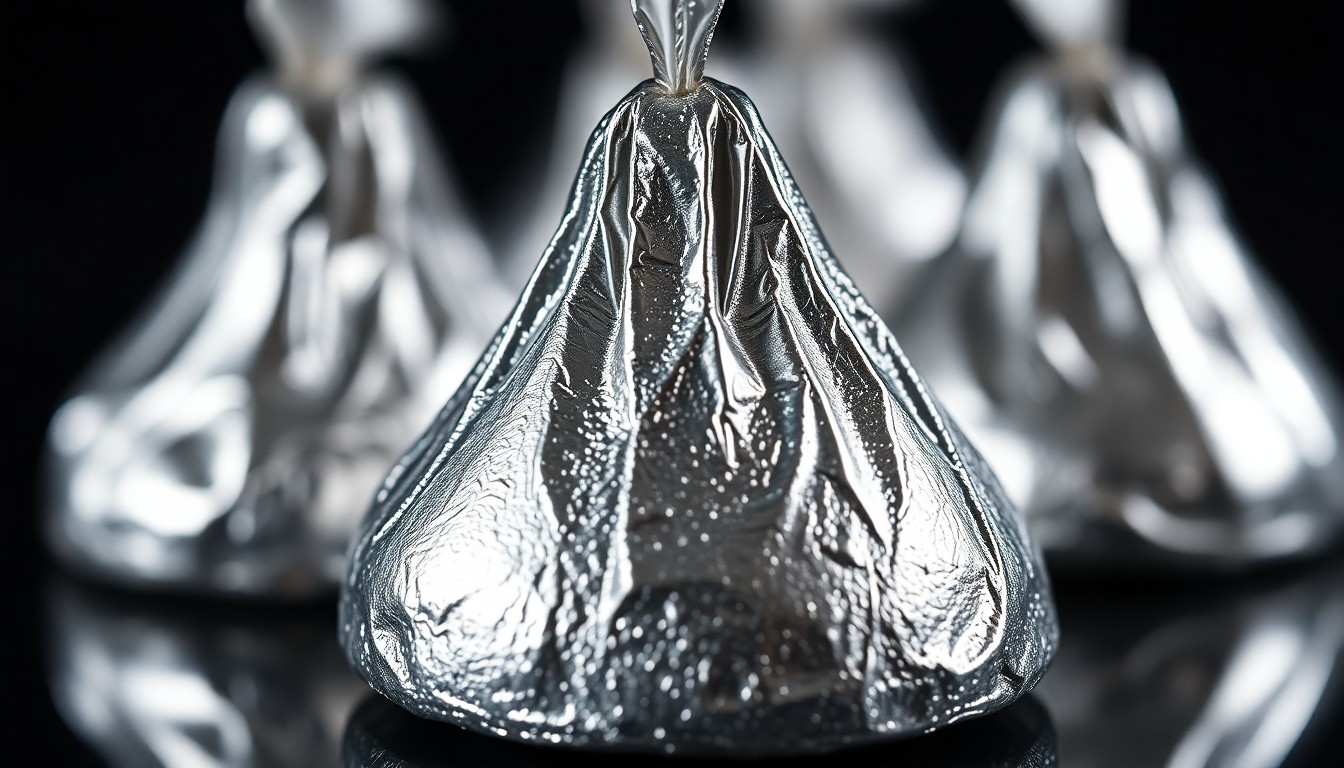 An extreme close-up photograph of the crinkled, shiny metallic wrapper of a Hershey's Kiss candy, using dramatic studio lighting to capture the reflective texture and glimmering highlights.