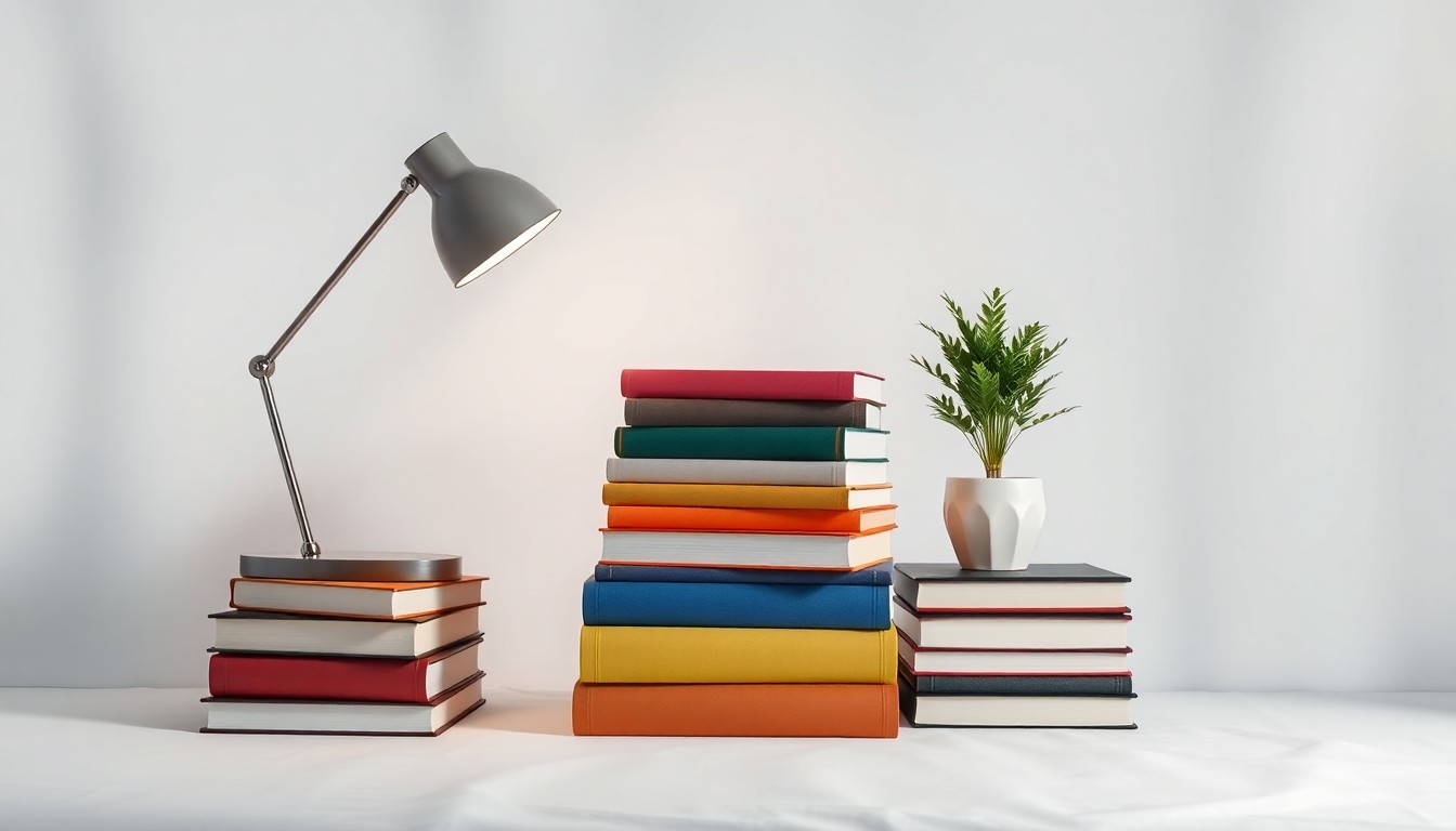 A minimalist, high-contrast studio photograph featuring a stack of hardcover books, a modern desk lamp, and a small potted plant, symbolizing the resurgence of physical bookstores.