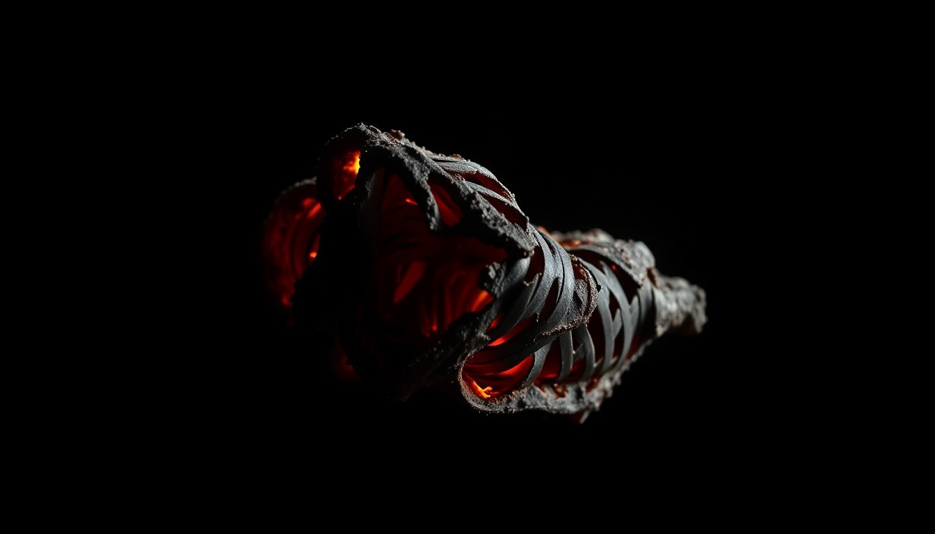 An extreme close-up of a charred, twisted metal object from the fire scene, capturing the stark, gritty aftermath of the tragic event.