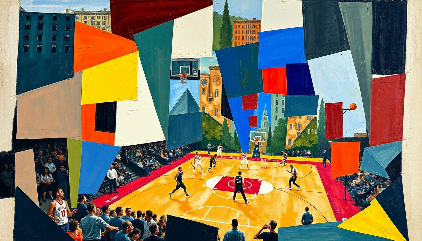 A fragmented, geometric painting depicting an NBA game, with players and the court broken down into sharp, overlapping planes of color and shape, conveying the conceptual idea of increased parity and unpredictability in a shorter game format.