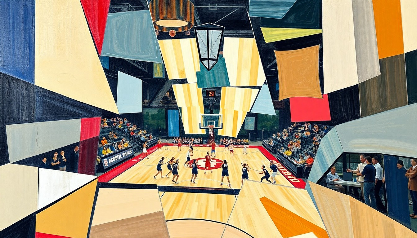 A fragmented, cubist-style painting depicting a women's basketball game, with the court and players broken down into sharp, overlapping geometric shapes and planes of color, conveying the chaotic and disjointed nature of the tournament format issues described by Coach Auriemma.