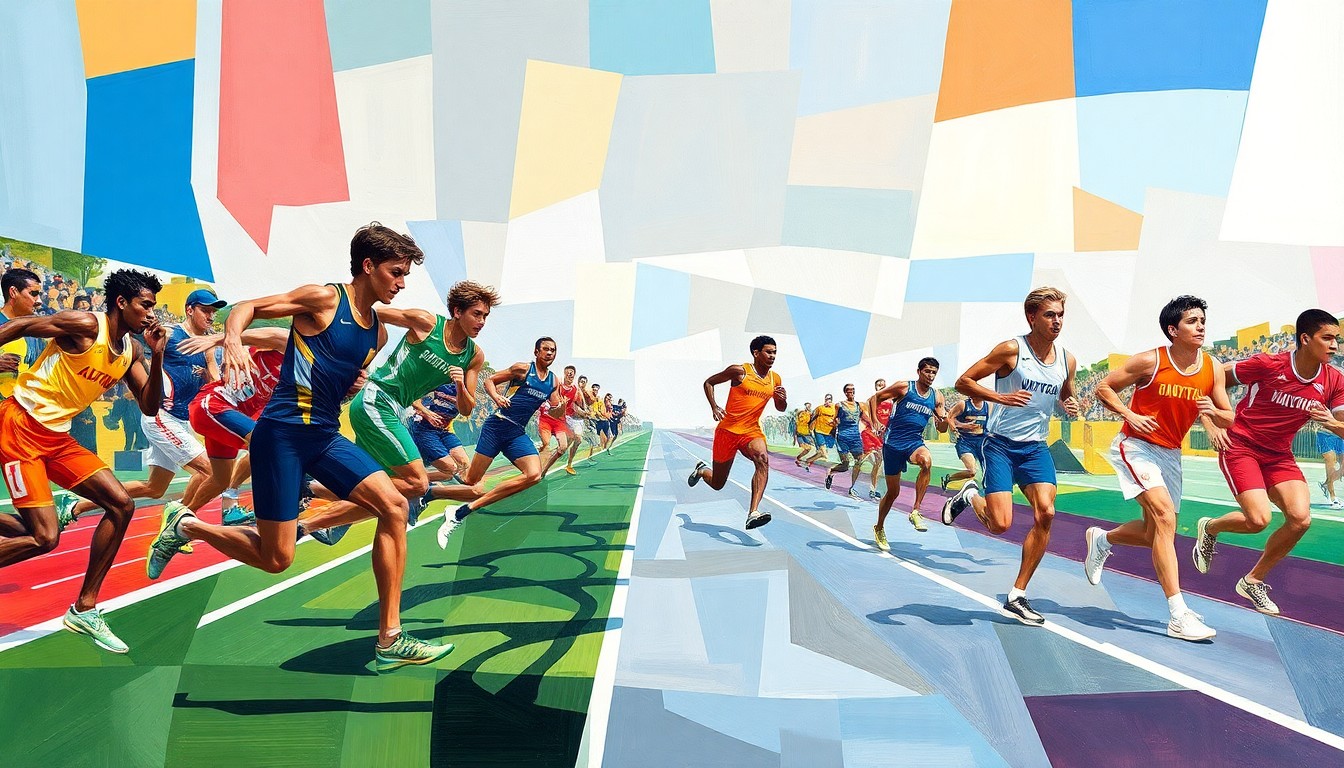 A fragmented, geometric painting depicting various track and field events and athletes in motion, with the vibrant colors of the competing teams woven throughout the abstract composition.