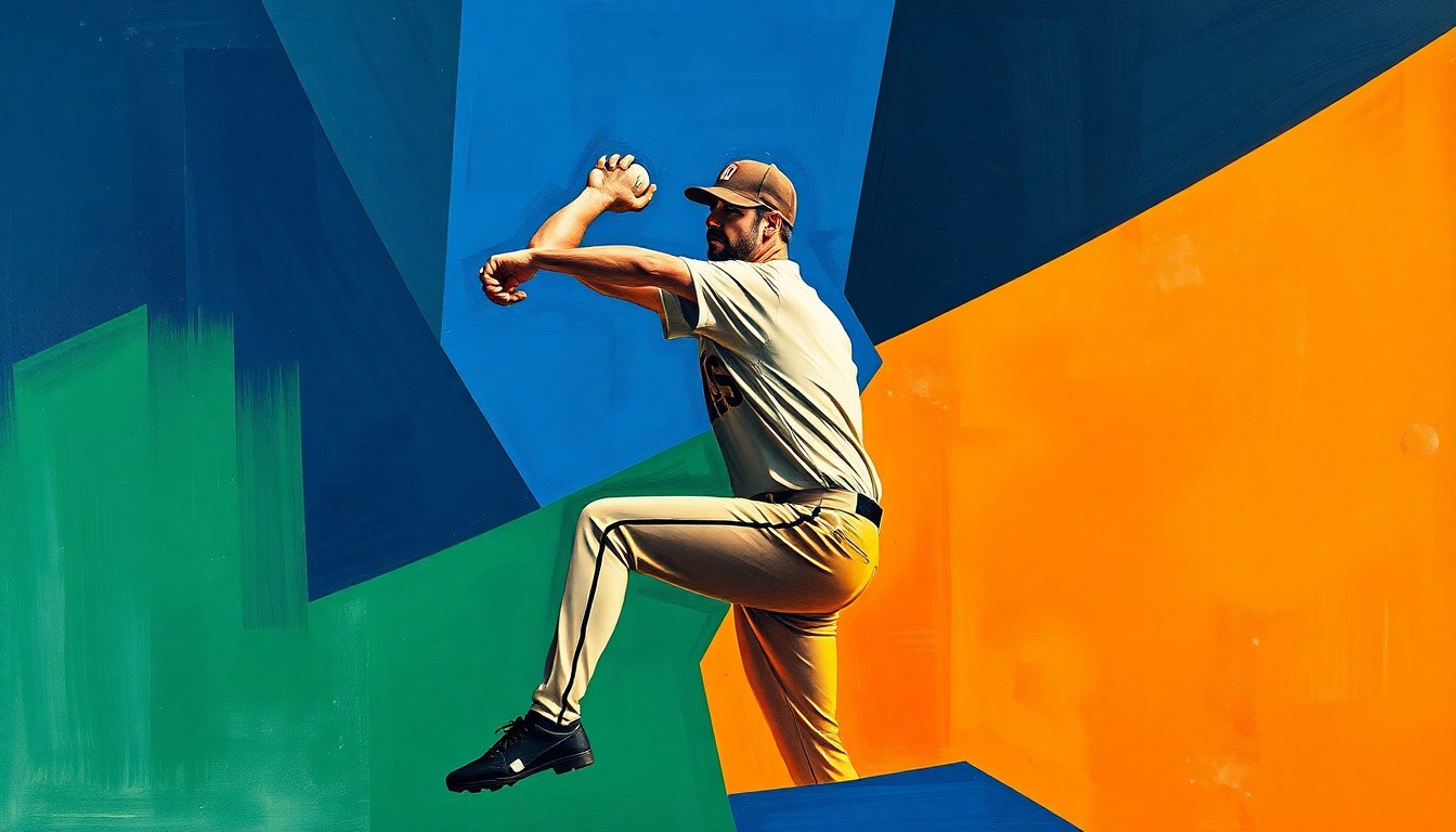 A cubist, geometric painting depicting a baseball pitcher's wind-up and delivery broken down into overlapping planes of navy, green, and orange, conveying the complex challenges of managing an injured star player.