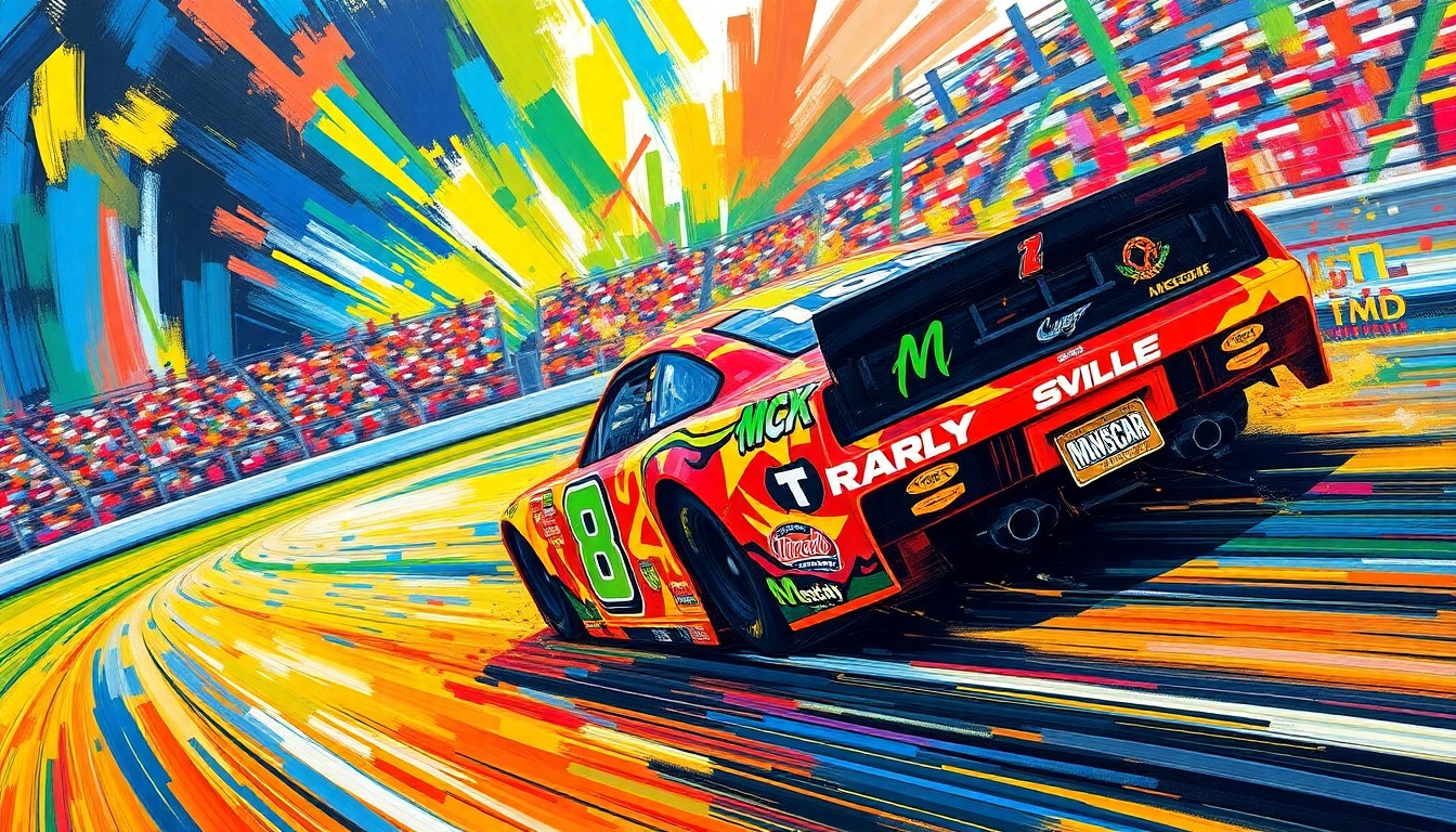 An abstract, energetic painting with bold, neon-colored brushstrokes conveying the speed and intensity of a NASCAR stock car racing around the tight turns of Martinsville Speedway.