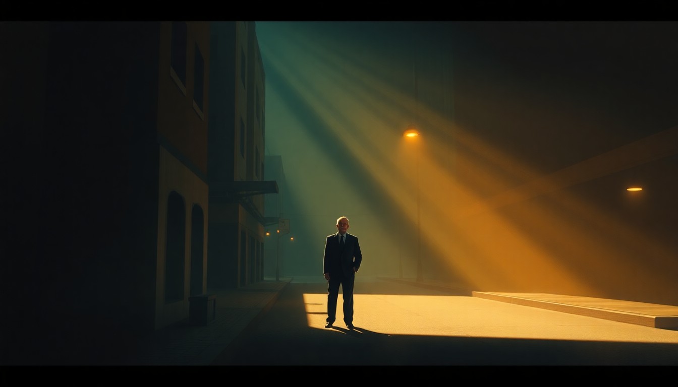 A solitary political figure stands alone in a dimly lit, urban setting, bathed in warm, diagonal sunlight and deep shadows, conveying a sense of isolation and introspection.