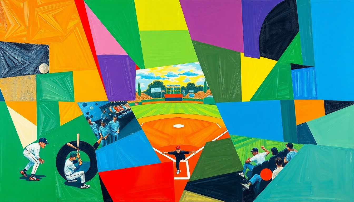 A fragmented, geometric painting in bold colors depicting the dynamic movements and energy of a high school baseball game, with no recognizable faces or logos.