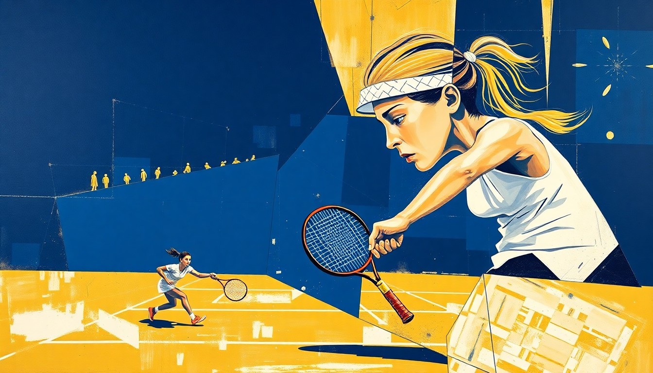 A cubist, geometric illustration depicting the dynamic action of a women's tennis match, with overlapping shapes and planes in shades of navy, gold, and white.