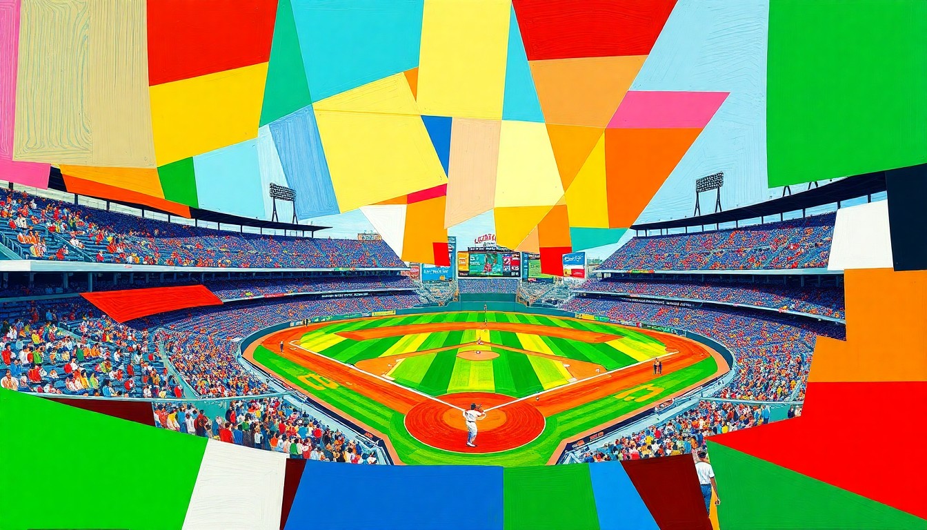 A cubist, geometric painting depicting a college baseball game, with sharp, overlapping planes of bright blue, red, and yellow colors representing the dynamic action on the field.