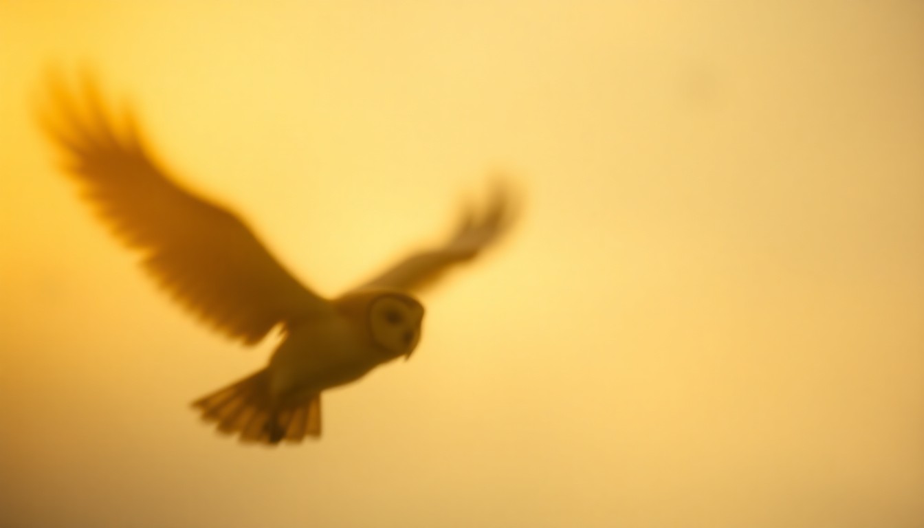 An abstract, impressionistic photograph showing the blurred outline of an owl in flight against a warm, hazy background of soft, indistinct colors and light, conveying the mood and emotion of a wildlife rescue.