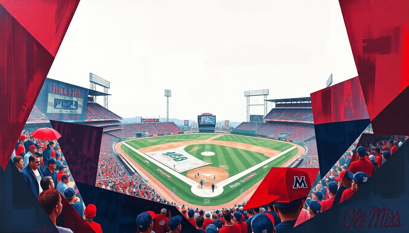 A fragmented, cubist-style painting depicting a college baseball game, with the players and field broken down into overlapping geometric shapes in the team colors of Mississippi State and Ole Miss.