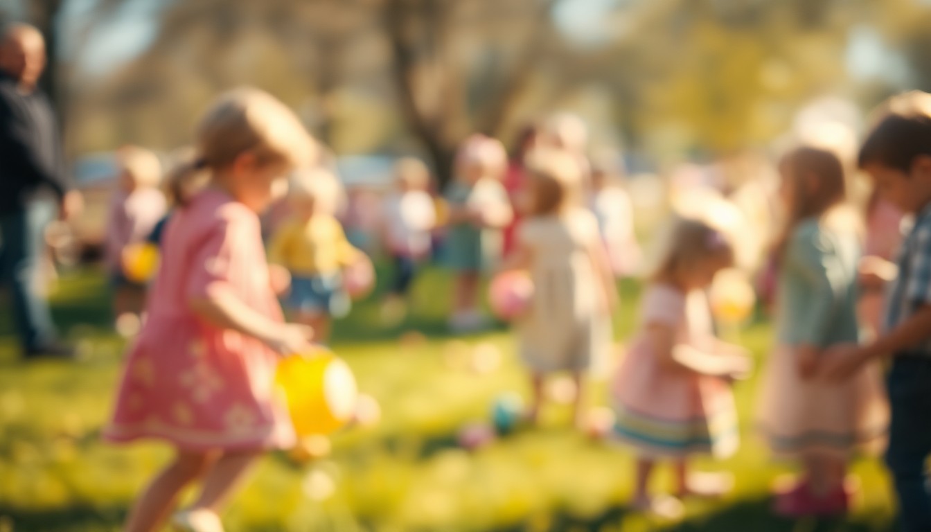 An abstract, out-of-focus scene of children playing and interacting at an Easter egg hunt, with soft, warm colors and light, conveying the inclusive and celebratory atmosphere of the event.