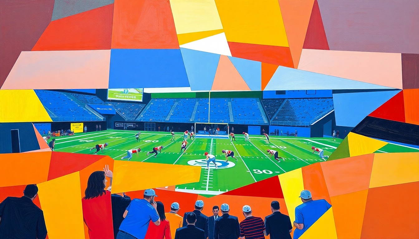 A cubist, geometric painting depicting a college football practice or scrimmage, with sharp, overlapping planes of the team's vibrant colors representing the energy and intensity of the session.
