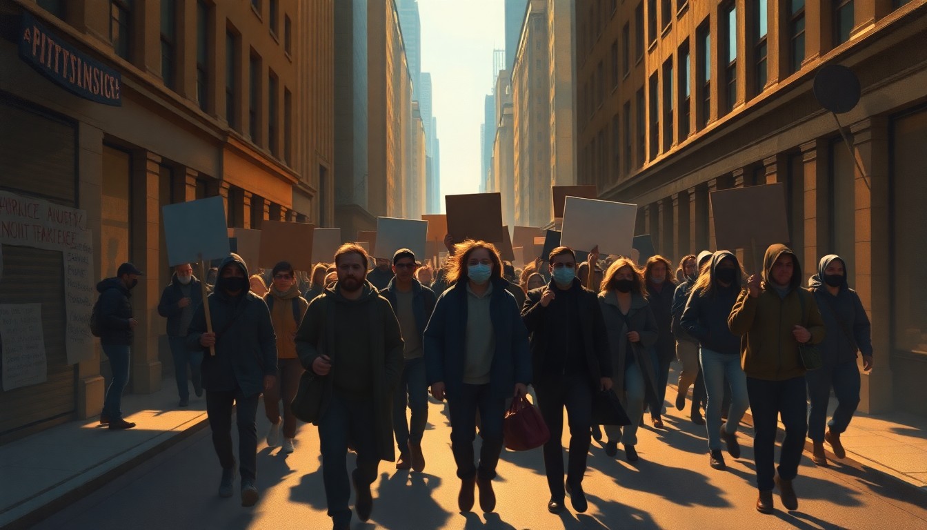 A painting in the style of Edward Hopper depicting a group of protesters marching down a city street, their faces obscured by shadows and the scene bathed in warm, diagonal sunlight, conceptually representing the ongoing political tensions and grassroots resistance to the Trump presidency.