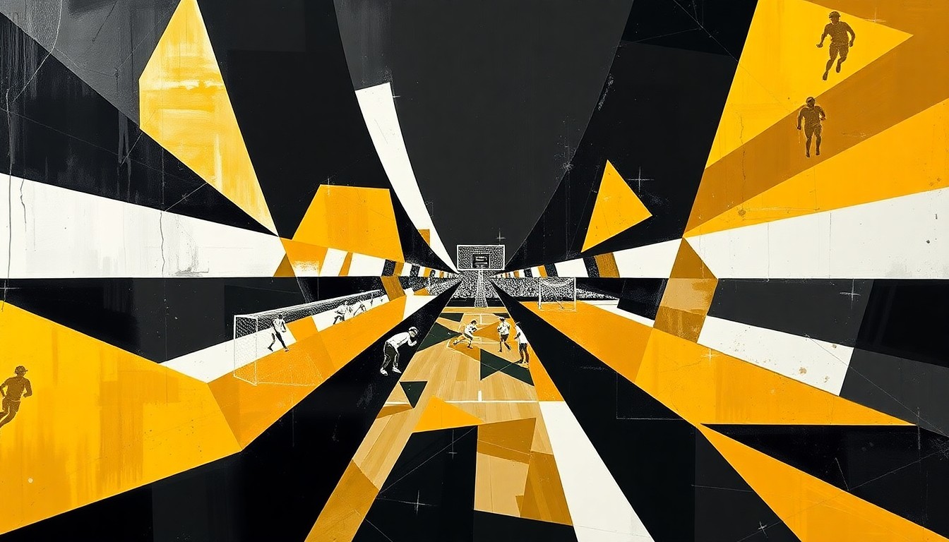 A cubist, geometric painting depicting a Vanderbilt lacrosse match, with overlapping planes of black, gold, and white representing the dynamic action and energy of the game.
