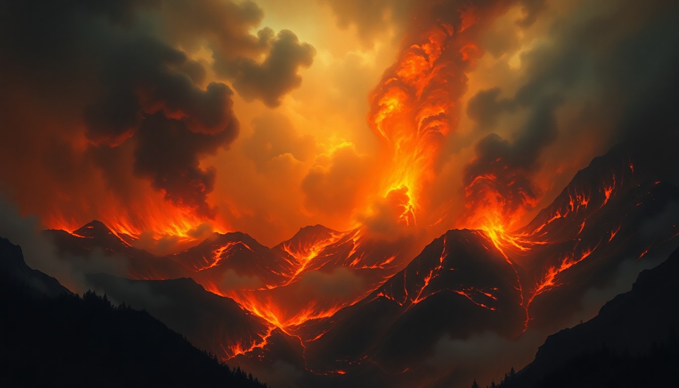 A vast, atmospheric landscape painting depicting a raging wildfire, with billowing smoke and flames dominating the frame and dwarfing any physical structures or objects in the scene. The dramatic, sublime composition conveys the raw energy and destructive force of the natural disaster.