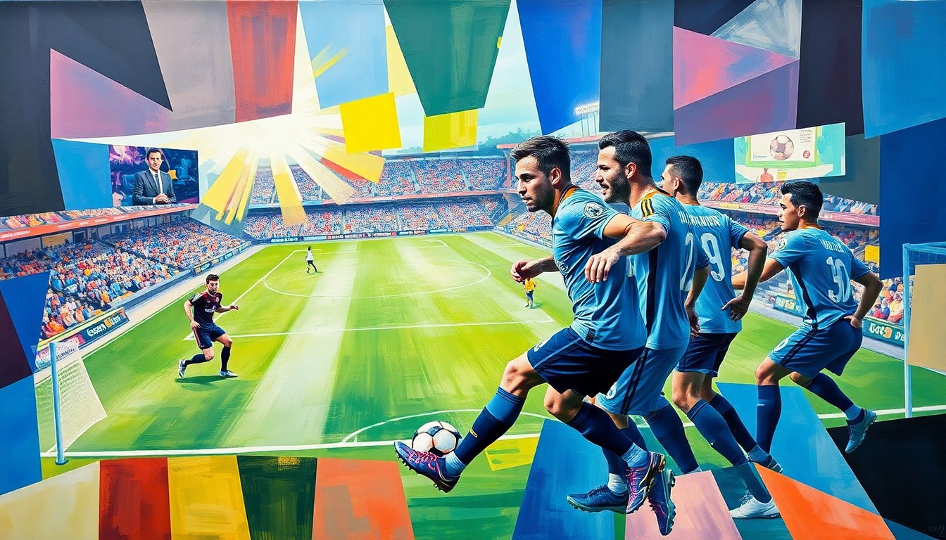 A fragmented, geometric painting depicting soccer players in motion, with shapes and planes of vibrant colors representing the dynamic energy of a new player joining the team.