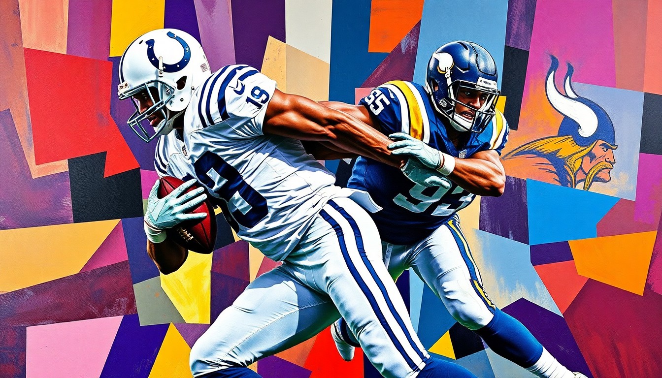 A fractured, geometric painting depicting the explosive energy and movement of a football player making a tackle, with sharp planes of color representing the team uniforms.