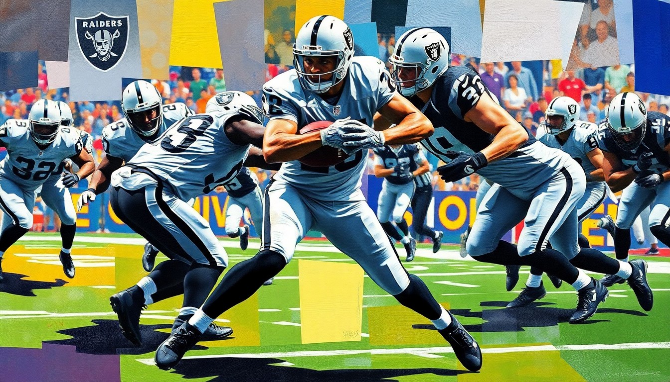 A fragmented, geometric painting depicting a football player in mid-air making an interception, with the player's body and the ball broken down into overlapping planes of silver, black, and other vibrant colors.