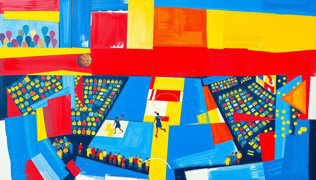 A fragmented, cubist-style painting depicting a women's basketball game, with the court and players broken down into sharp, overlapping geometric shapes in vibrant colors, conveying the chaotic and disjointed nature of the tournament issues described.