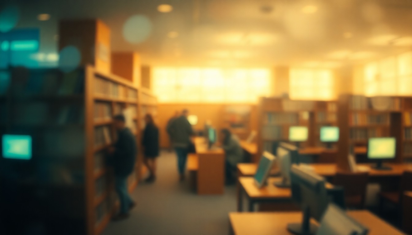 An impressionistic, out-of-focus scene of people using computers and browsing bookshelves in a warm, hazy library setting, conveying the concept of a community resource being restored.