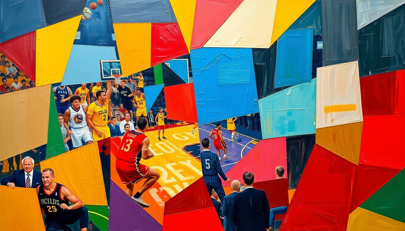 A cubist, geometric painting in vibrant team colors, capturing the intensity and energy of a high-stakes basketball matchup between two elite NBA squads.