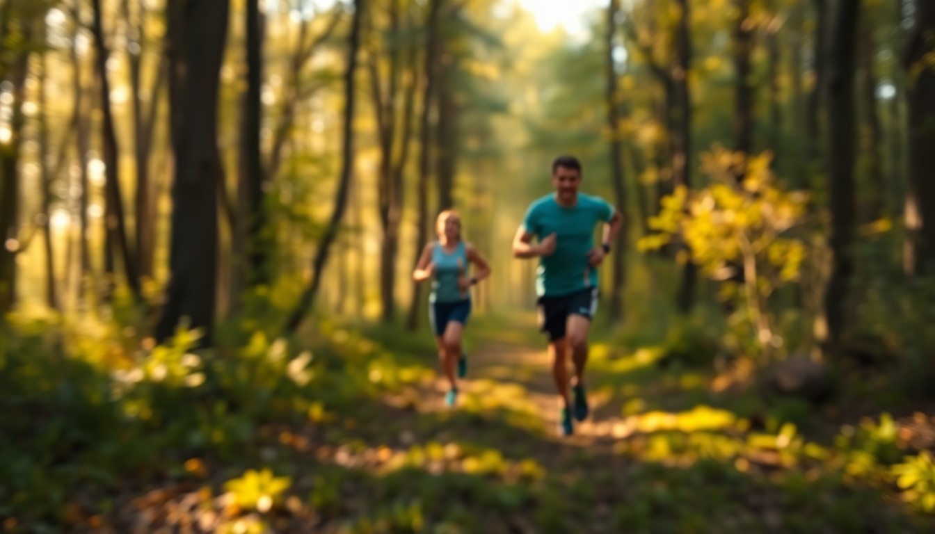 An abstract, impressionistic photograph of a wooded trail, with the figures of runners barely visible through the soft, hazy light and blurred foliage.