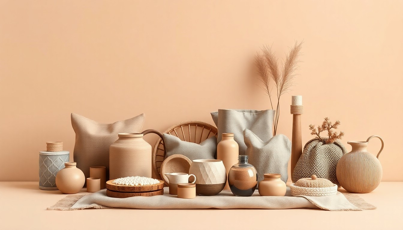 A carefully arranged still life of premium home goods and lifestyle products in muted earth tones, conceptually representing the diverse product offerings and refined aesthetic of the DaaBIN Store brand.