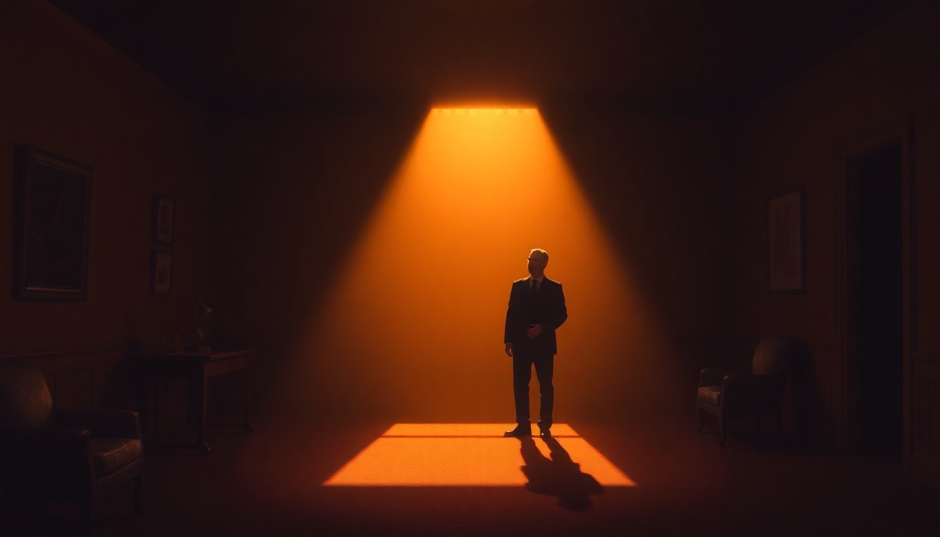 A solitary figure stands alone in a dimly lit government office, the warm light casting deep shadows across the room, evoking a sense of contemplation and the weight of political responsibility.