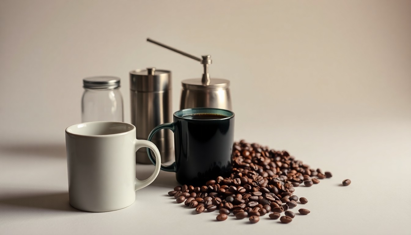 A high-end, photorealistic studio still-life photograph featuring a sleek, modern coffee mug, freshly roasted coffee beans, and a polished metal coffee grinder on a clean, monochromatic background, conceptually representing the premium quality and craftsmanship of Caribou Coffee's products.