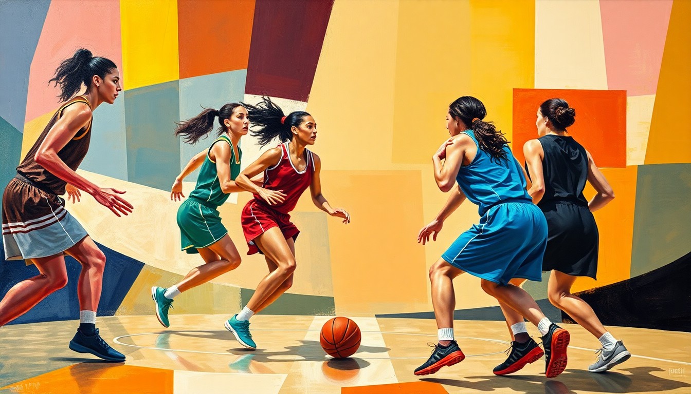 A cubist, geometric painting depicting a fragmented, multi-perspective view of a women's basketball game, with the players' forms broken down into abstract shapes and planes of color.